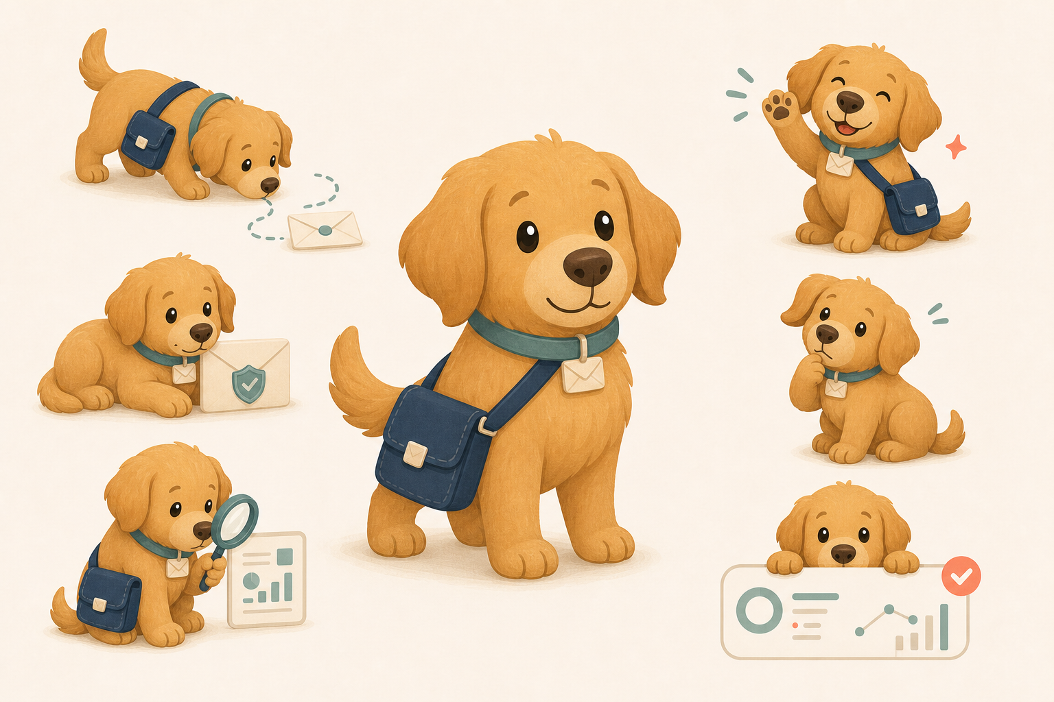 Scout the golden SendPup carrying a mail satchel